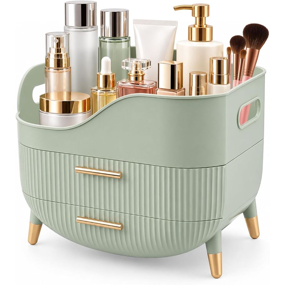 Green Makeup Organizer w/ Drawers Cosmetic Skincare Storage Brush Holder Vanity